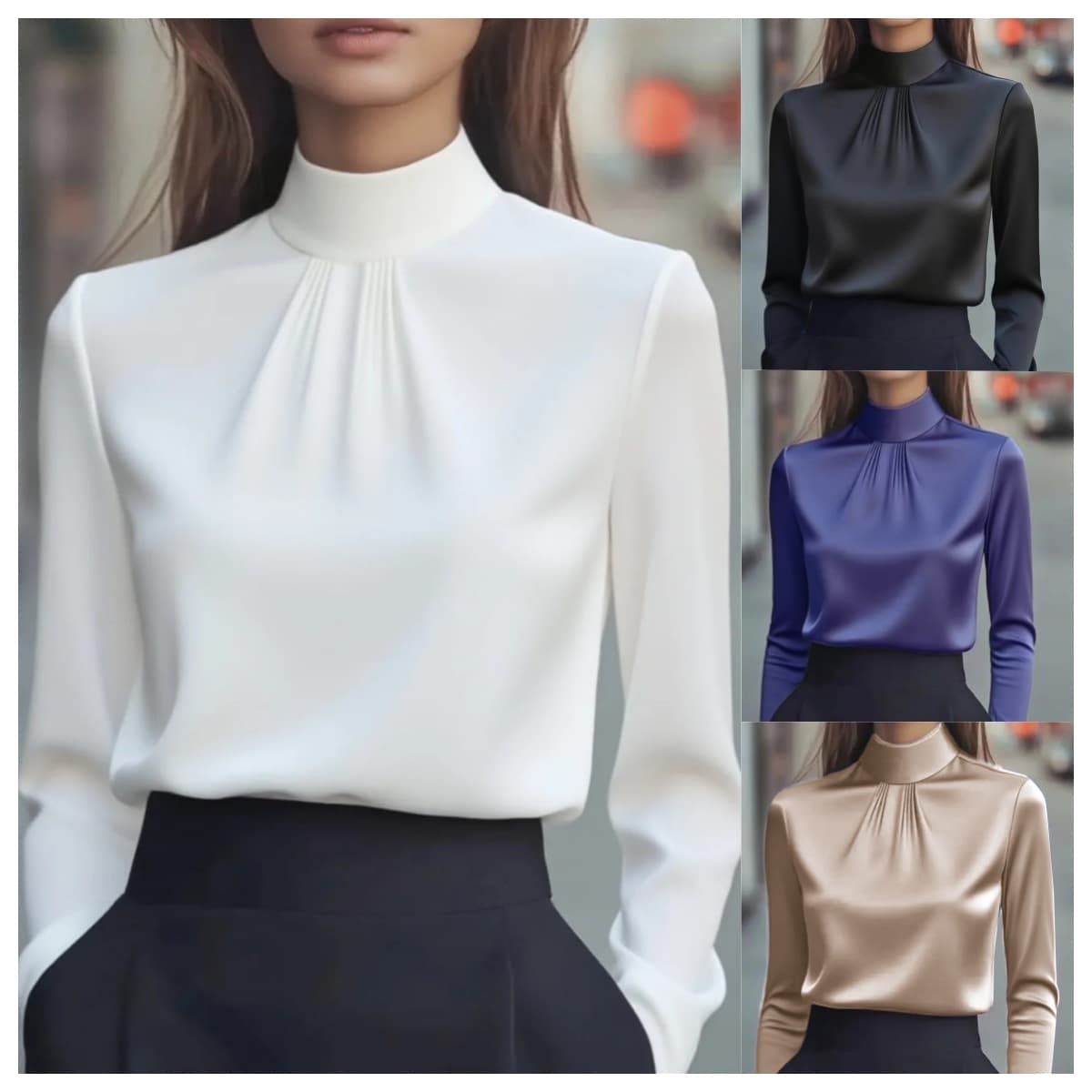 ​​Women’s Elegant Long-Sleeve Blouse – Solid Color Office Shirt (S-XXL, White/Black/Khaki/Violet)​​
