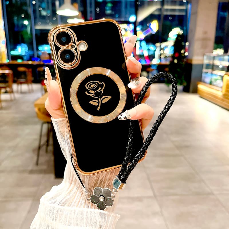 Plating Soft TPU Rose Case For IPhone 16 15 14 13 12 Pro Max IPhone16 16Plus 16Pro Charge Cover + Lanyard Bracelet