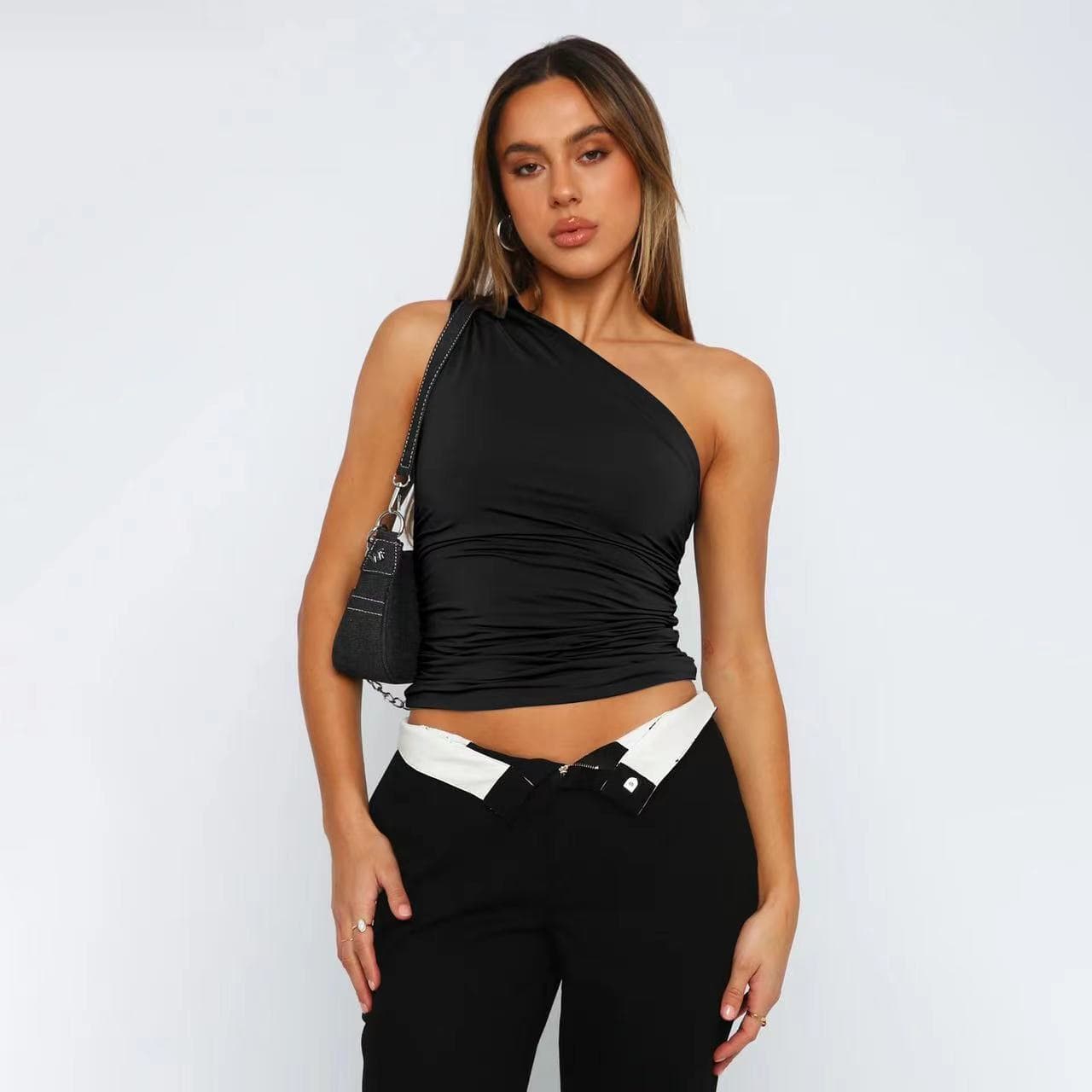 European And American Style Spring And Summer New Y2K Hot Girl Women's Oblique Shoulder Sleeveless Sexy T Shirt Design Sense Slim Fit Top