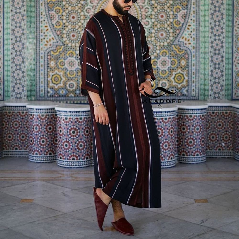 Men's Clothing Arabic Black Thin Striped Print Loose Muslim Robe In Stock