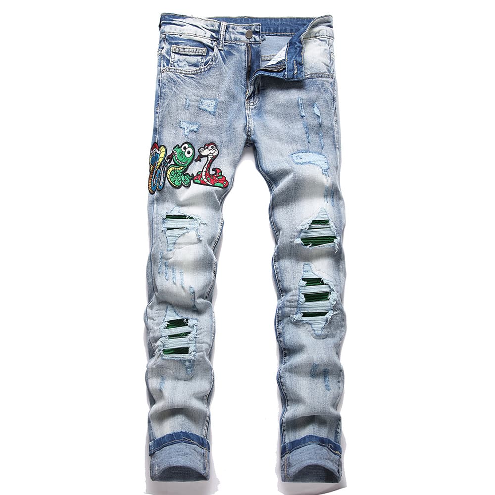 Men Snake Embroidery Jeans Streetwear Pleated Patch Slim Tapered Pants Ripped Distressed Stretch Denim Trousers
