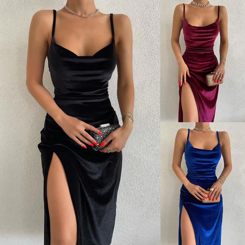 European and American foreign trade cross border 2025new sexy slim slit velvet suspender party dress for women