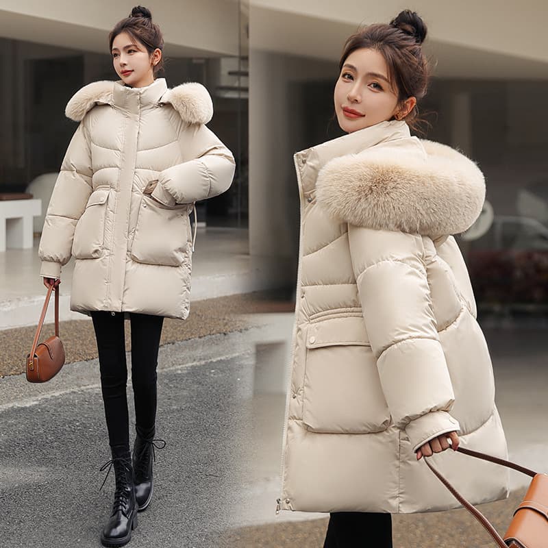 Women's fashion long Warm jacket padded jacket thick hat removable padded jacket