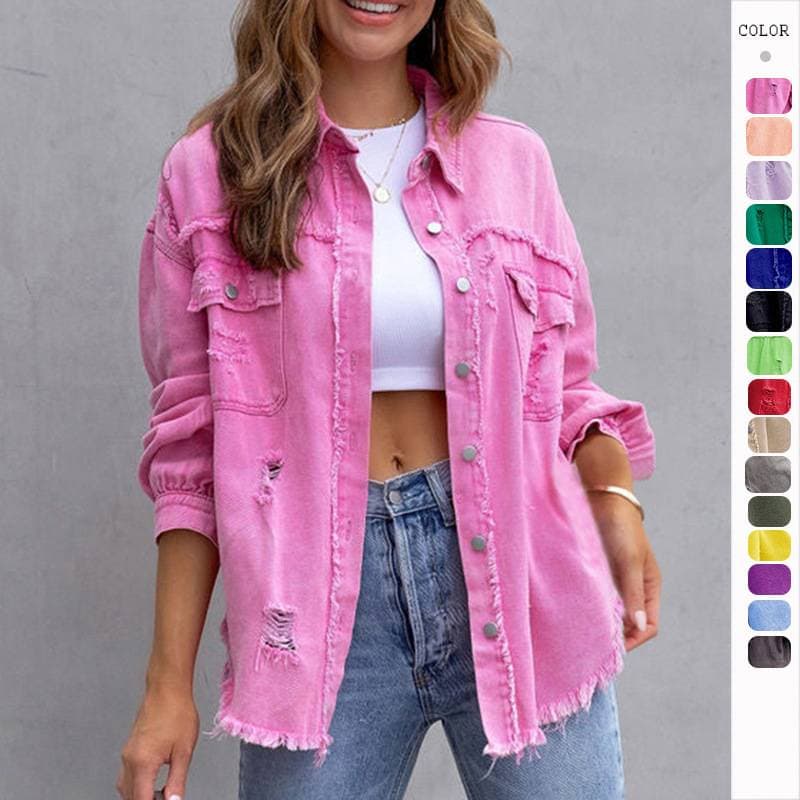 Women's Clothing Fashion Hot Girl Summer New Lapel Long Sleeve Ripped Washed Denim Jacket