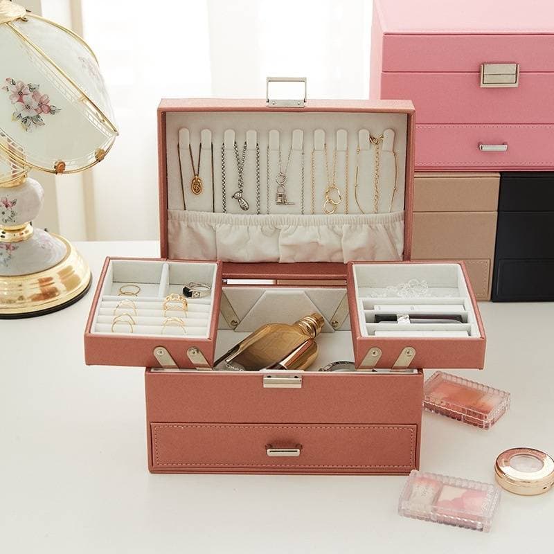 PU Leather Jewelry Box With Drawers - Multi-Layer Storage Organizer For Necklaces, Rings & Bracelets (Large Capacity, Cute Design)​