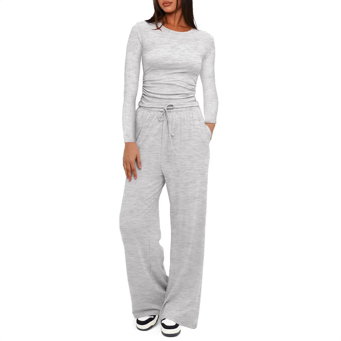 Women's Clothing Elegant Casual Set: Pleated Top With High-Waisted Wide-Leg Pants – Wrinkle-Free Polyester, Comfortable Lounge & Sportswear