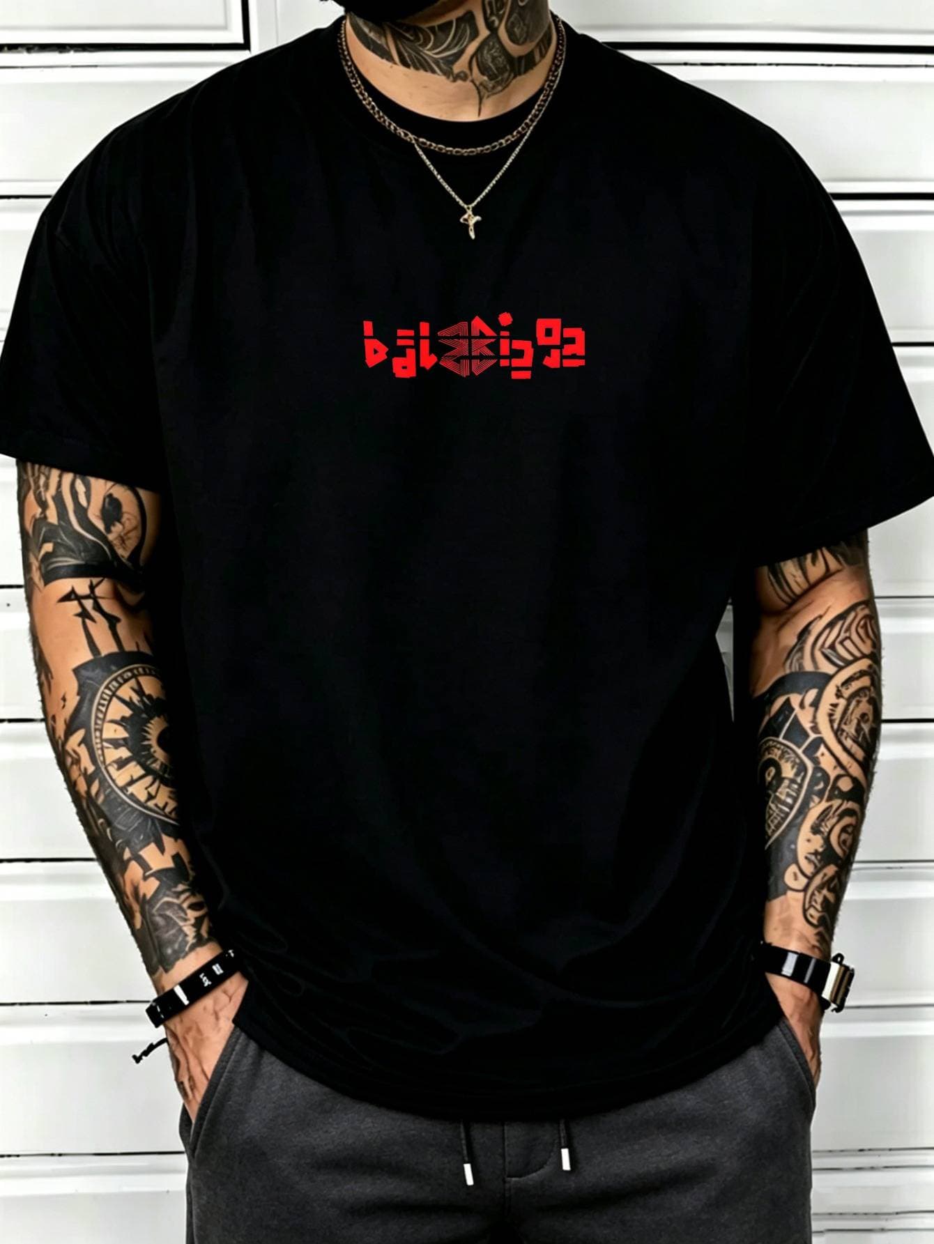 100% Cotton Men Casual T-shirt Red Abstract Block Text Print Crew Neck Short Sleeve Daily Streetwear Top