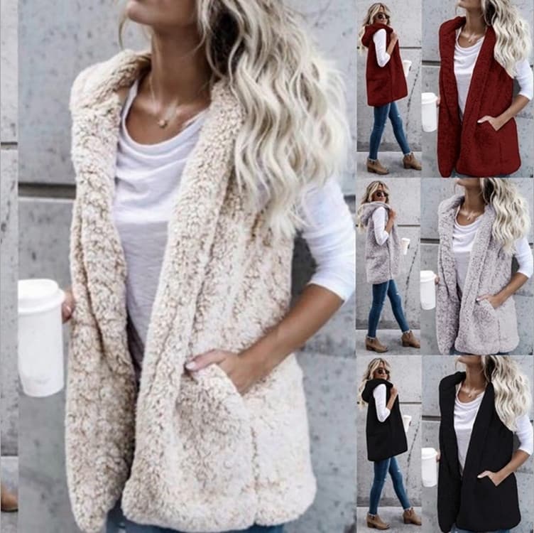 Women's Fashion Solid Color Sleeveless Hooded Pocket Vest Plush Vest