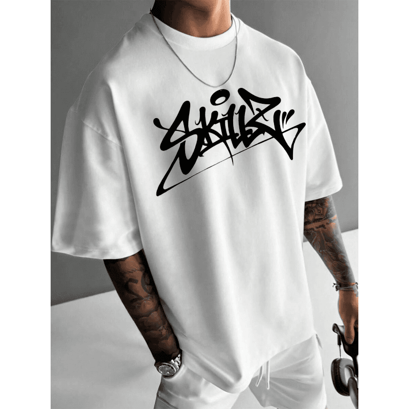 Men's 230GSM Graffiti Print Tee - 100% Cotton Streetwear T-Shirt With Artistic Lettering