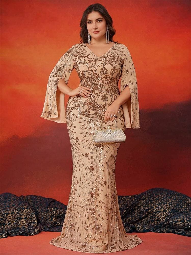 European And American Plus Size Fat Woman Dress Elegant Sequins Splicing V Neck Ruffle Party Cocktail Dinner Evening Dress Dress