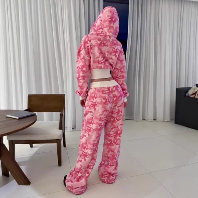 Women's Clothing Pink Camouflage Print Casual Suit New High Street Hip Hop Zipper Jacket Lace Up Trousers