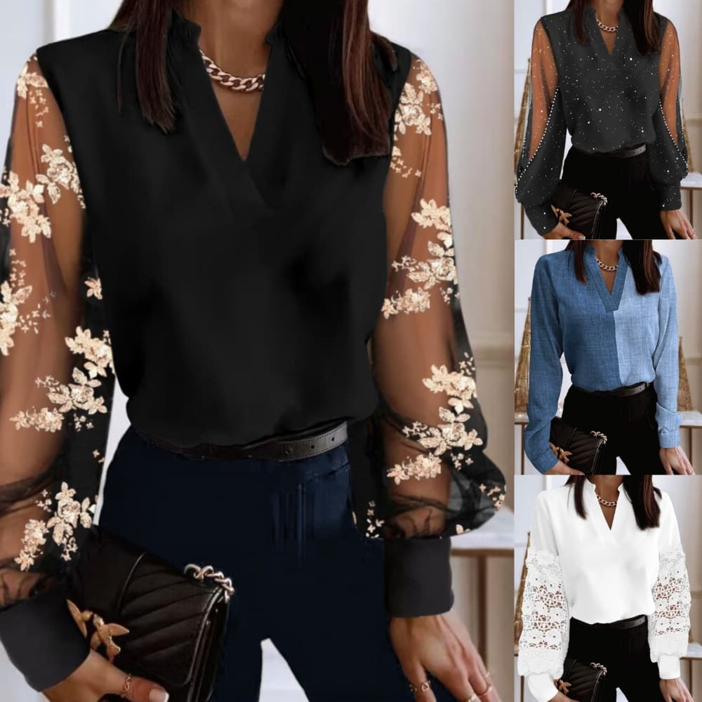 Women's Fashion V-neck Lace Long-sleeved Shirt Shirt
