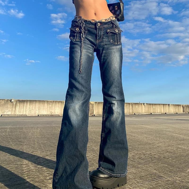 Women's Clothing Ins Fashion Retro Old Trend Hot Girl Low Waist Pocket Jeans For Women