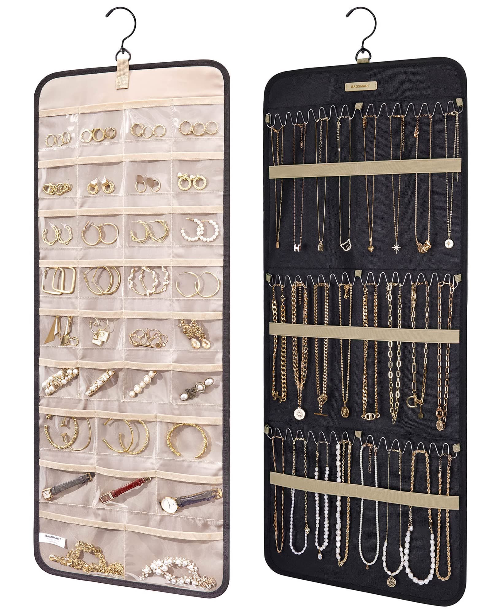 Hanging Jewelry Organizer Storage Roll With Hanger Metal Hooks Double-Sided Jewelry Holder For Earrings, Necklaces, Rings On Closet, Wall, Door