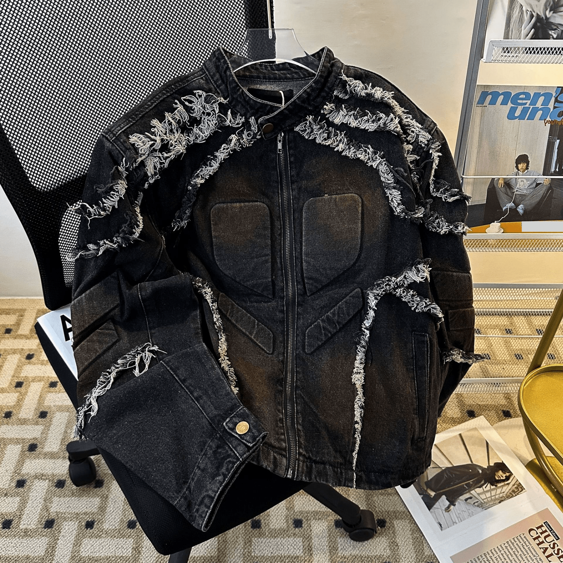 Veste en jean brodée effet vieilli pour homme avec épaulettes – Manteau motard rétro pour homme, col montant, coupe ample et décontractée