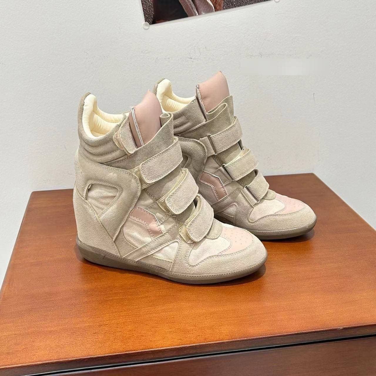 Women's High Top Flat Casual Shoes Color Block Round Toe Velcro Sneakers Height Increase Hidden Comfort Versatile Pvc Upper