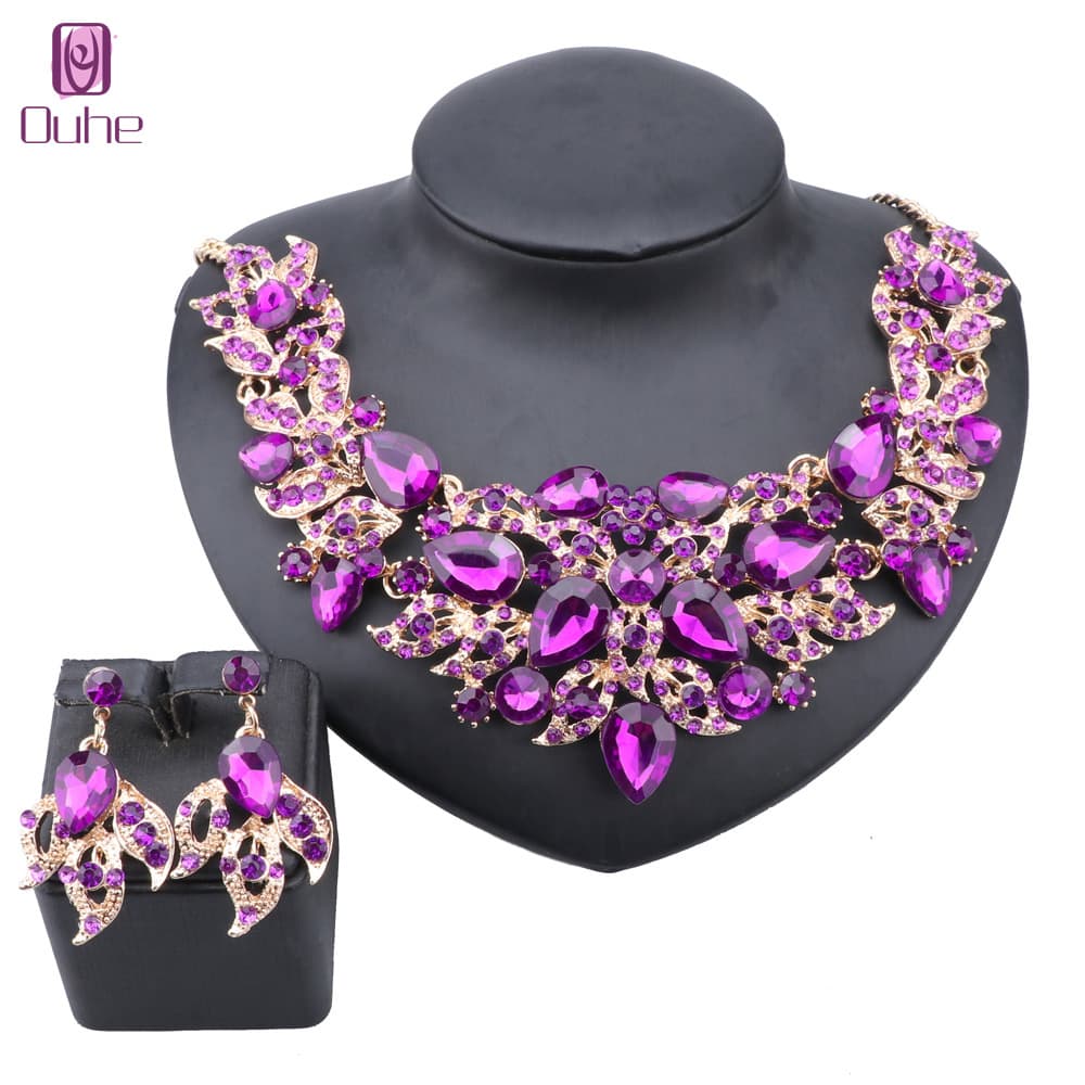 Women's Wedding Bridal Rhinestone Crystal Statement Flower Necklace Earrings Party Costume Jewelry Set