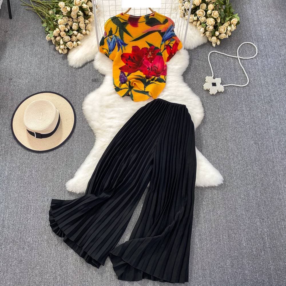Women's printed pleated top two-piece set of high-waisted slimming wide-leg pants