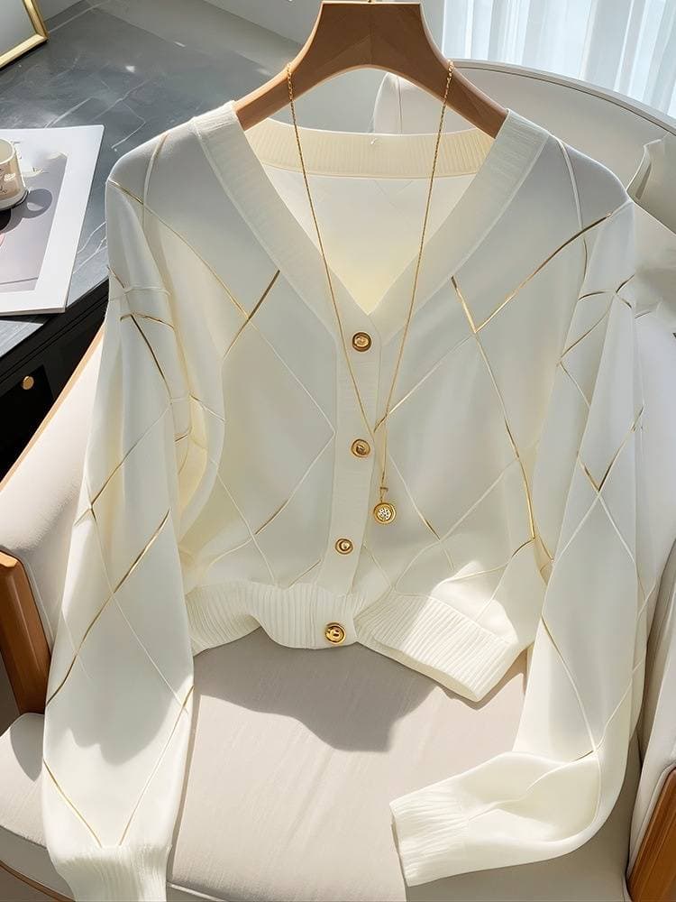 Women's Clothing Chic White Knitted Cardigan For Women Early Autumn Stylish High End Chic Diamond Checkered Top Long Sleeved Jacket