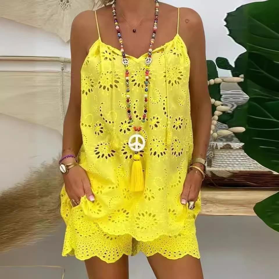 Women's temperament elegant sleeveless drawstring ruffled hollow camisole shorts suit
