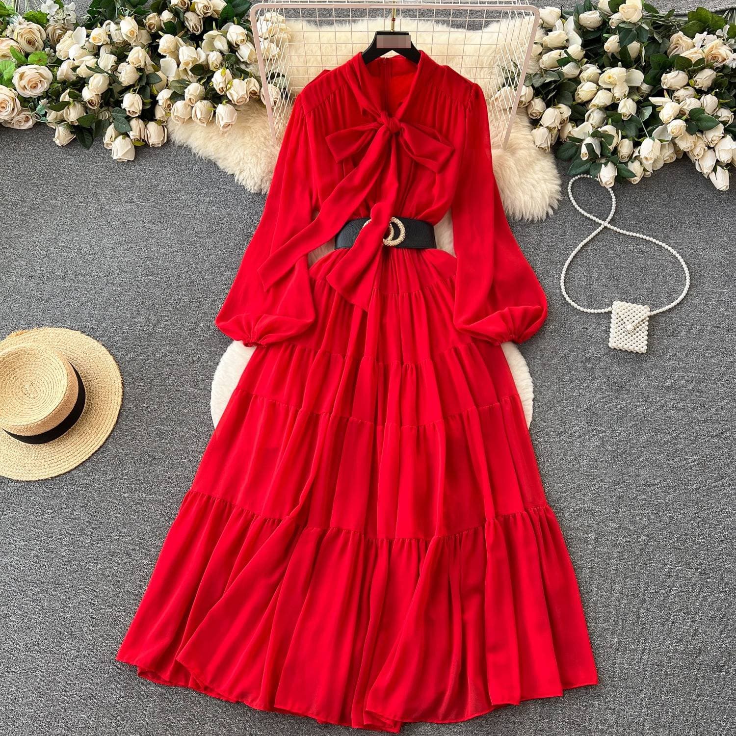 ​​Elegant French Retro Bow-Tie Lantern Sleeve Chiffon Maxi Dress For Women – Slimming Stylish (Red, Green, Purple, Yellow, Black, Rose Red, One Size)​