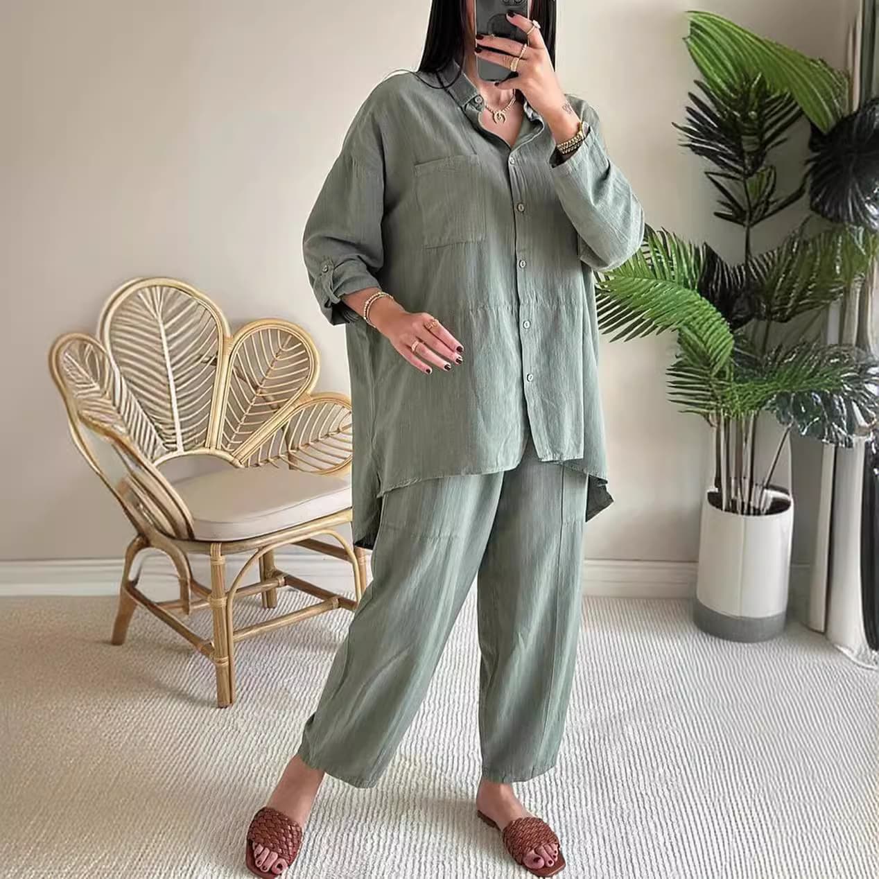 [Cotton Linen] Women's Clothing Summer New Women's Set Large Size Cotton And Linen Shirt Set High Waist Loose Trousers