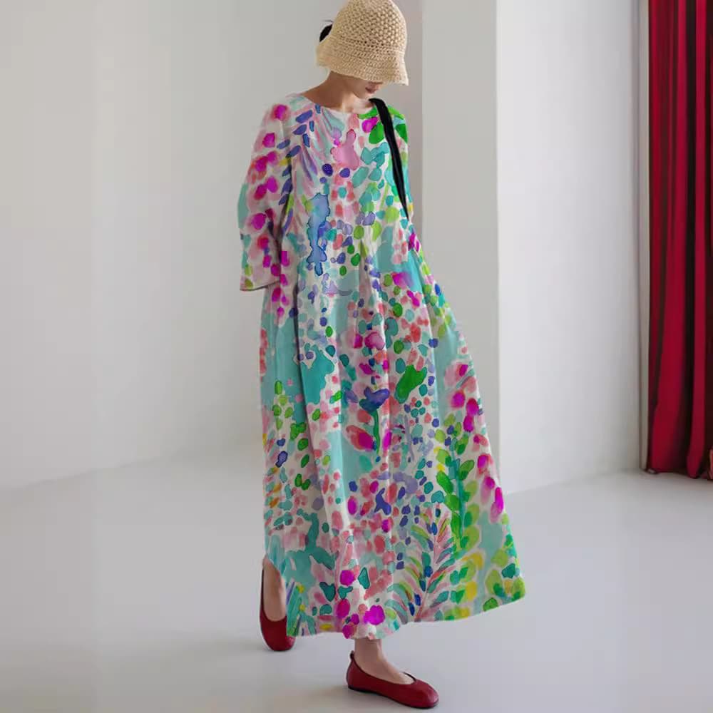 Women's Loose Round Neck Fashionable High-end Long-sleeved Printed Dress