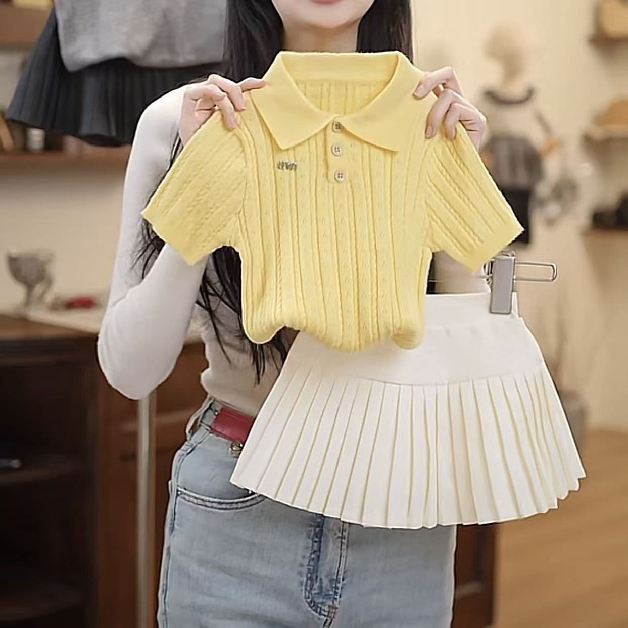 Baby Girl Korean Style Summer New Fashionable Chic Goose Yellow Knitted Polo Short-sleeve Pleated Skirt Two-piece Trendy