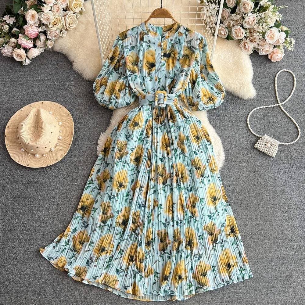 Women's Clothing Light Luxury Temperament Short Sleeve Round Neck Waist Slim A Line Printed Pleated Elegant Dress