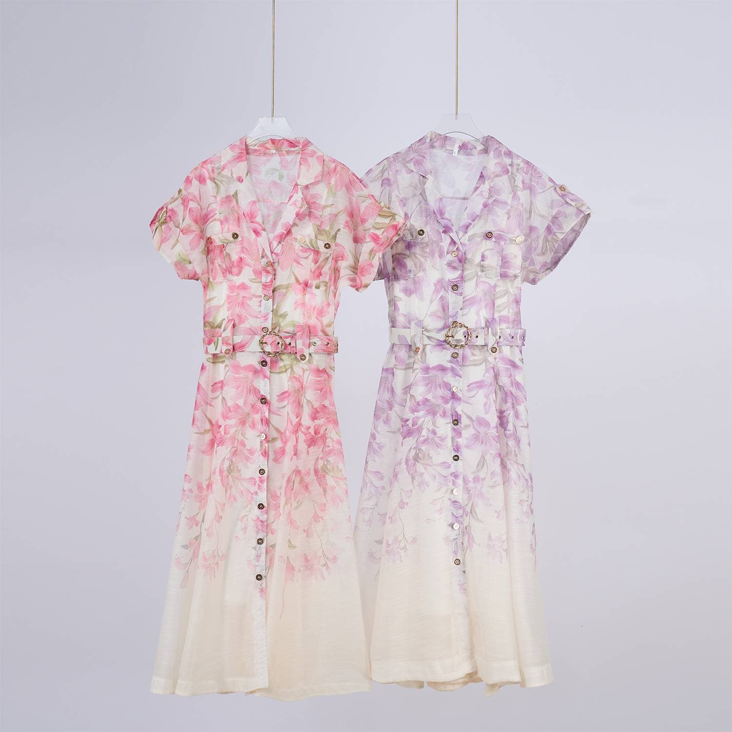 Women's Clothing Dress Lapel Printed Long Skirt Belted Single Breasted Fairy Skirt
