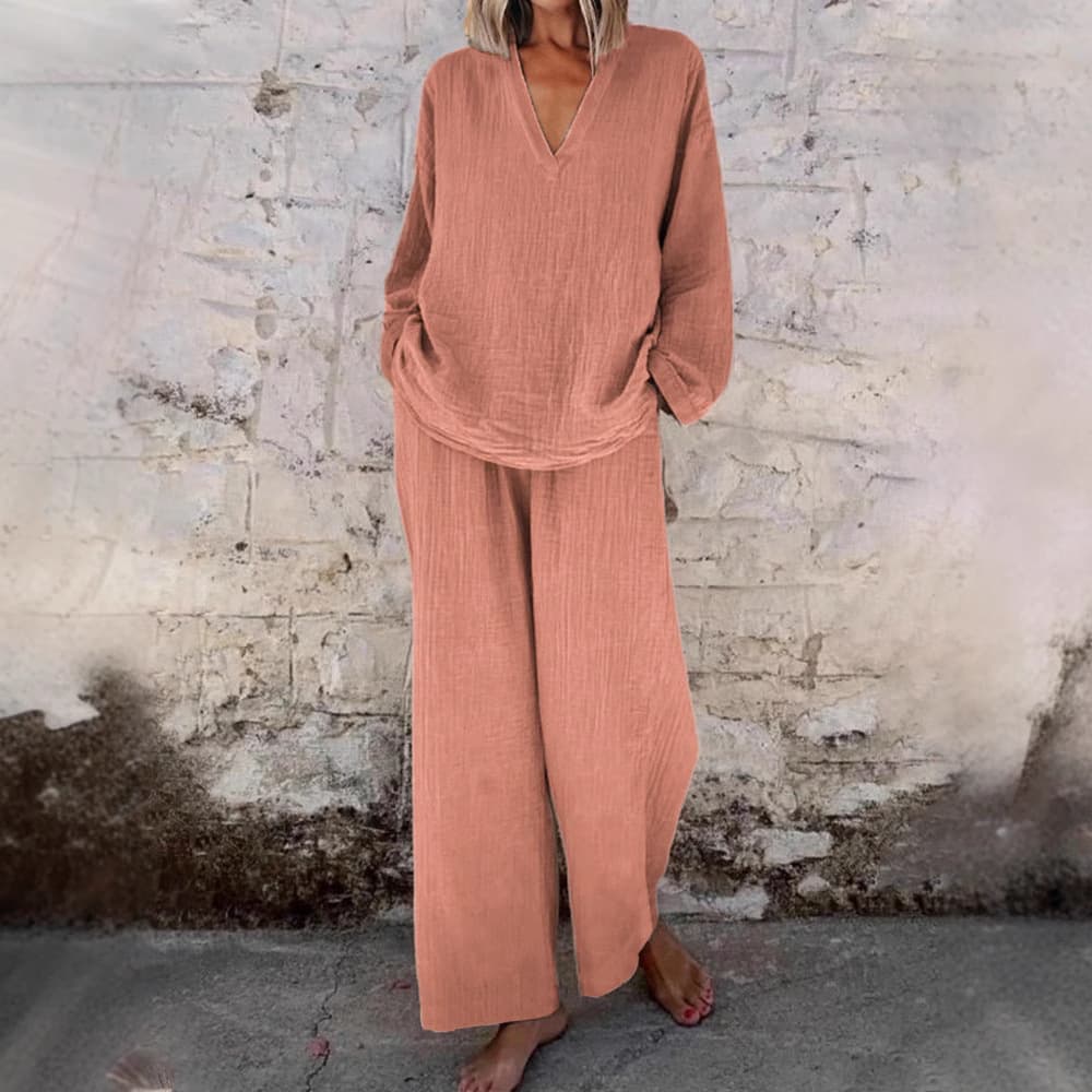 [Cotton Linen] Women's Clothing Casual V Neck Pullover Long Sleeves Pocket Trousers Cotton Multicolor Women's Suit