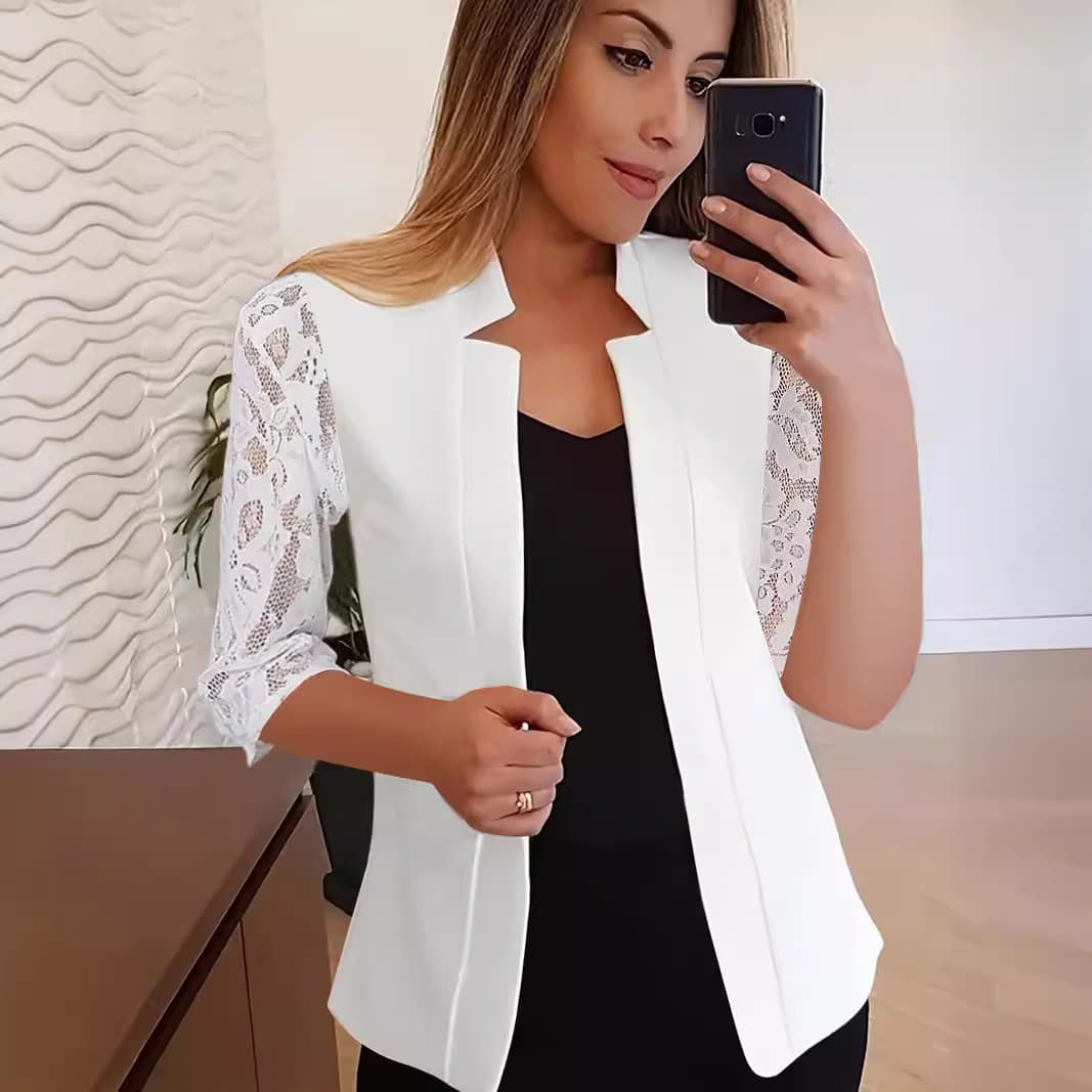 Blazer femme à bordure en dentelle – Mélange coton-polyester respirant (S-XXL, blanc/noir, pour le bureau et le style décontracté)