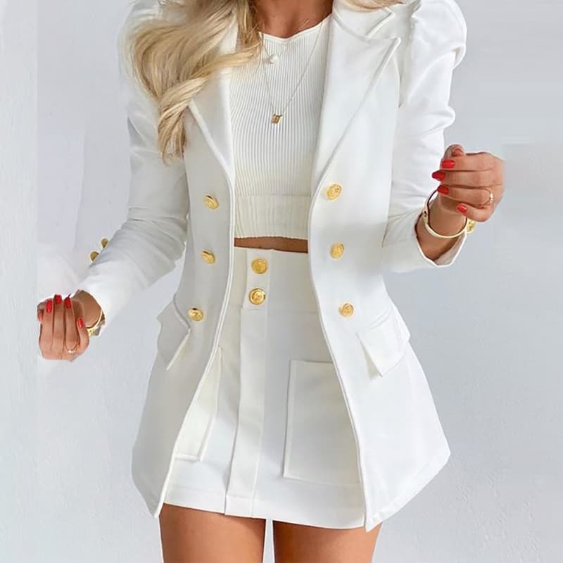 Women's small suit long-sleeved solid color top with mini skirt two-piece suit