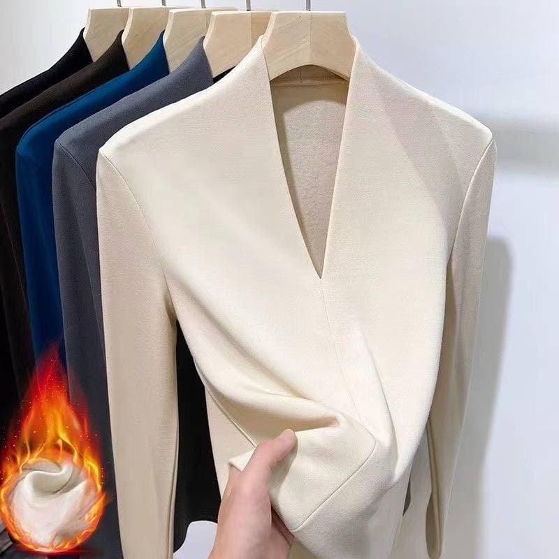Women’s Clothing threaded German velvet v neck long sleeved T shirt new style plus velvet thickened slim fit fashionable warm bottoming shirt top