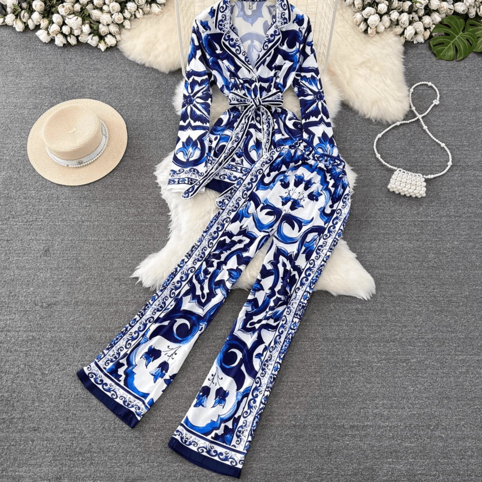 Women's Clothing Fashionable Suits With Collars Waist Ties Celadon Printed Tops Two Piece Suits High Waisted Wide Leg Pants