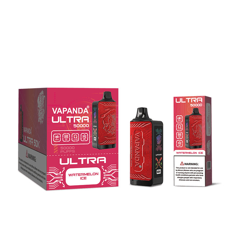 Vapanda Ultra 50k Vape, cigarette électronique jetable de luxe avec écran latéral et cuir, très tendance.
