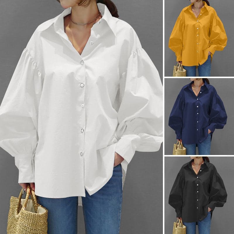 Women's Clothing Casual Shirts Casual Lantern Sleeve Lapel Tops Retro Solid Color Tops Women Office Ladies Shirts