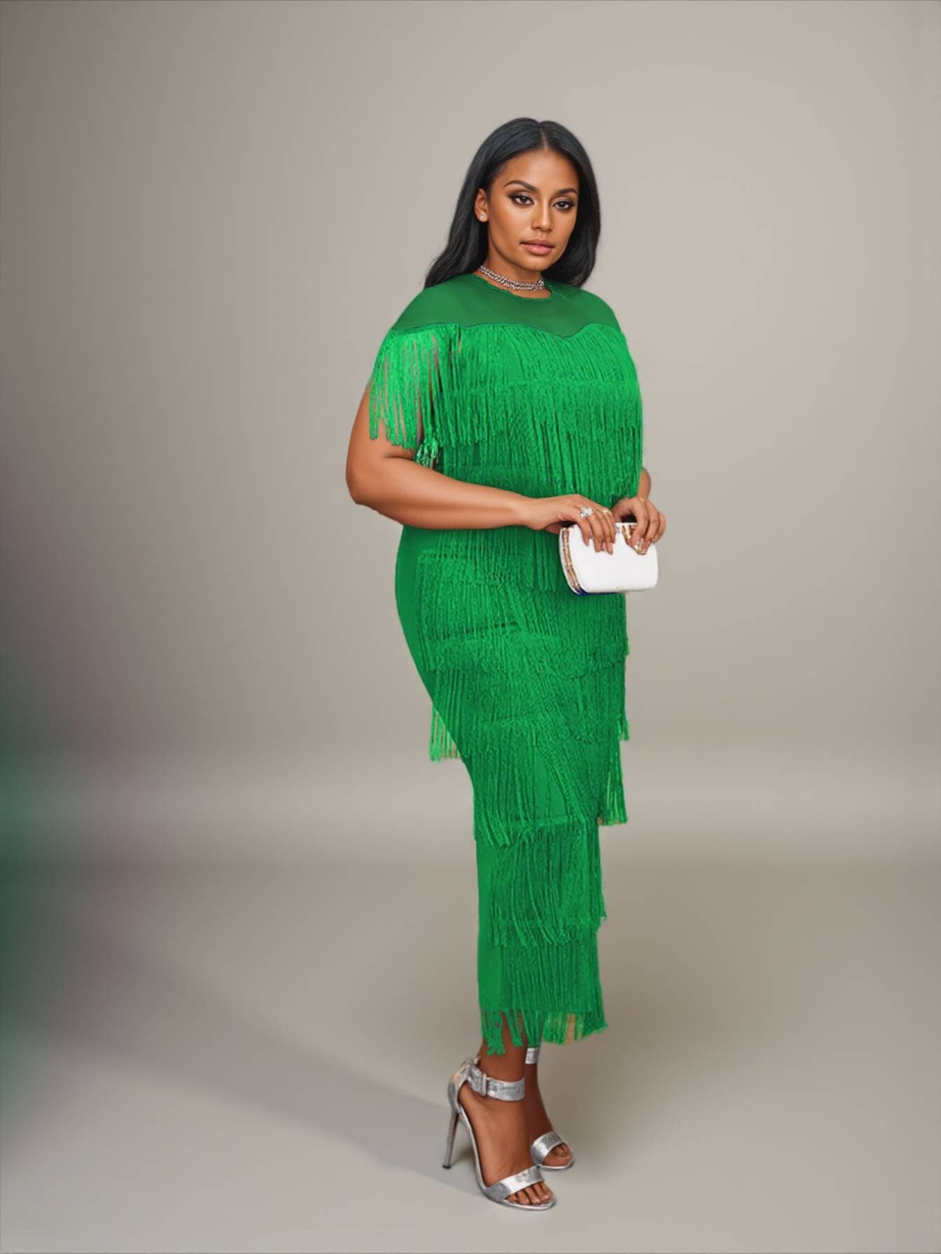 Women's Plus Size Evening Dress – Sheer Side Slit Party Dress (Fringe Detail & Curve Flattering)​
