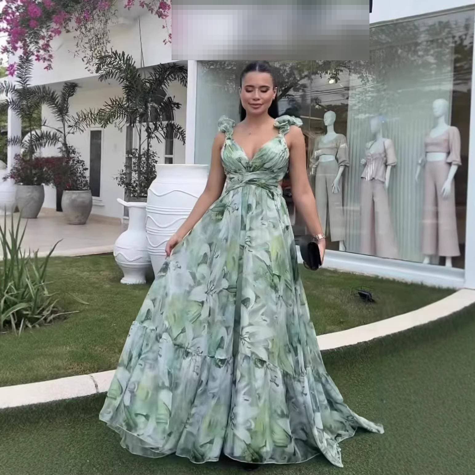 Elegant Printed Backless Tie-Back Dress for Women Classy Ruffled Summer Dress European American Style