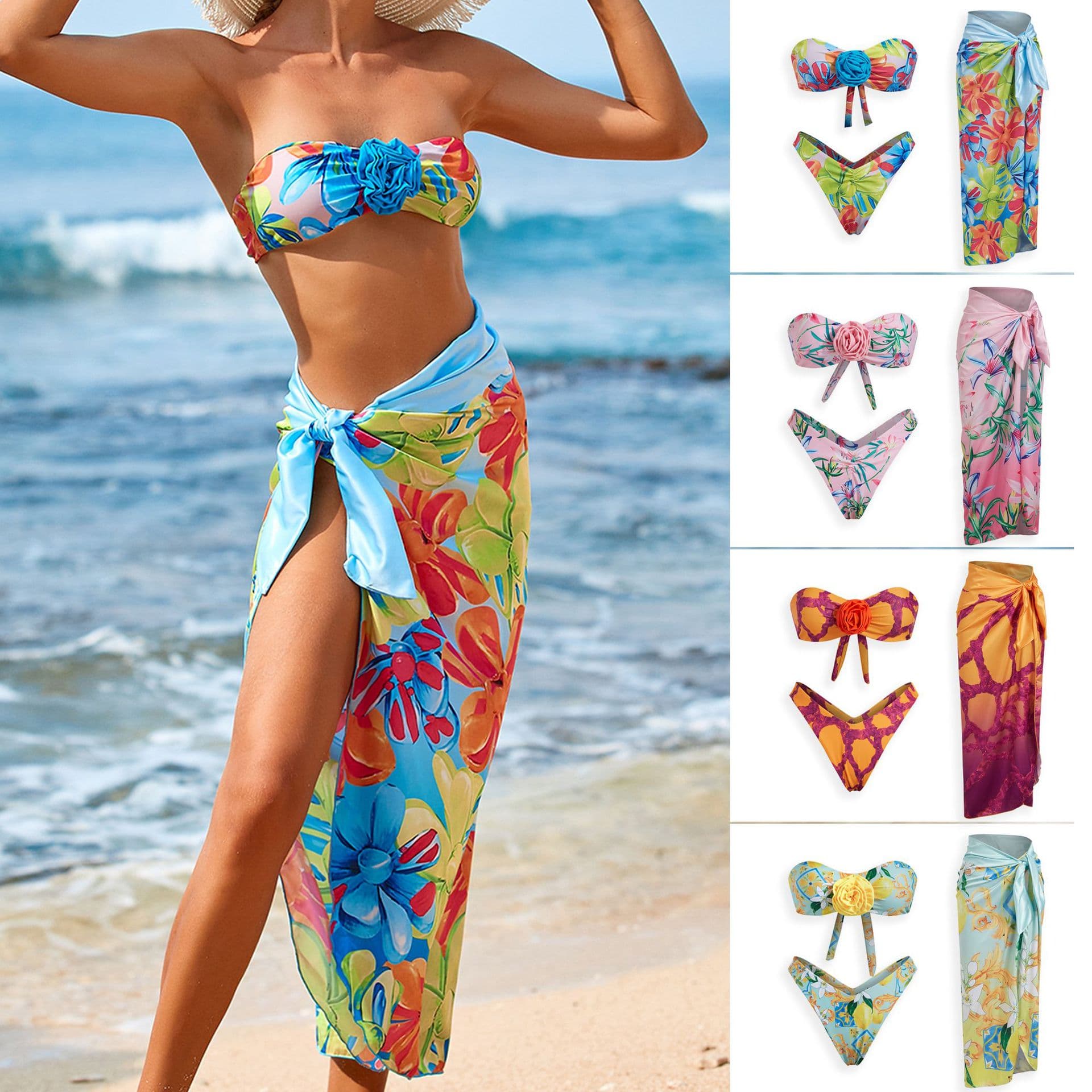 Women's Clothing Split Flower Bikini Tropical Print Beach Skirt Two Piece