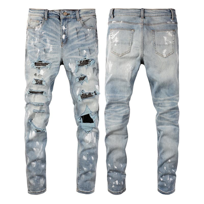 Men's Clothing Graffiti Slim High Street Jeans Paint Diamond Hole Patch Pants