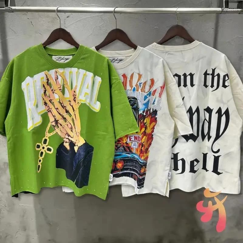 Men's T Shirts Real Po BKYS Tshirts Vinatge Hiphop Streetwear Skeleton Bone Finger Print Drill Letter Round Neck Short