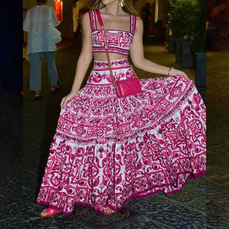 Women's clothing new style elegant two-piece print large swing suit