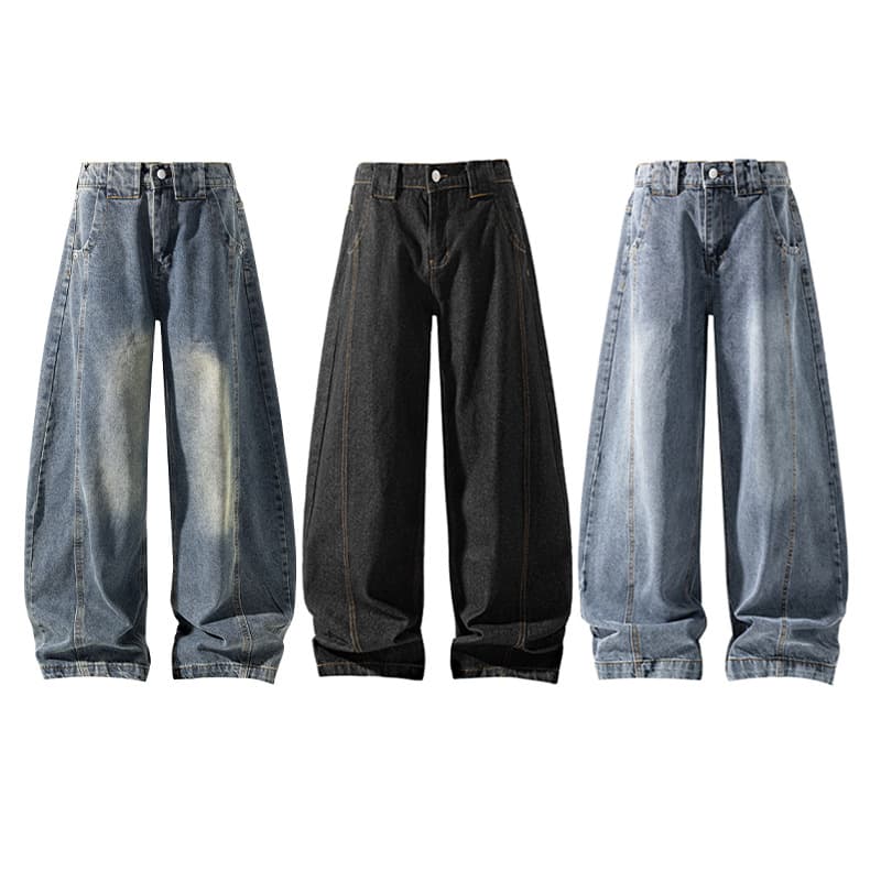 Men's Vintage Wide-Leg Jeans – Retro Blue & Black, Relaxed Fit, High Waist With Button Fly, Streetwear Essential​