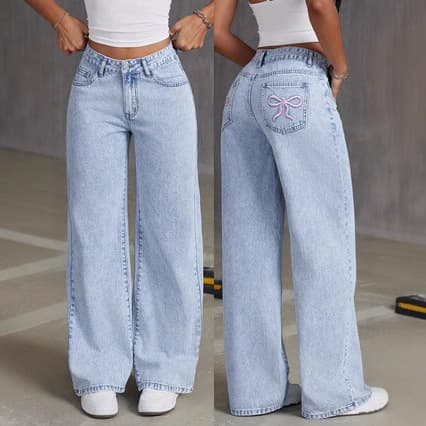 Women's Clothing Bow Embroidered Jeans For Women Sweet And Spicy Style High Waist Straight Pants Loose Casual Trousers