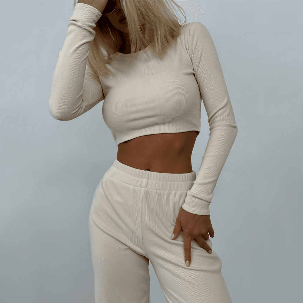 Women's Clothing New Long-sleeved Fashion Casual Suit Pit Knitted Trousers