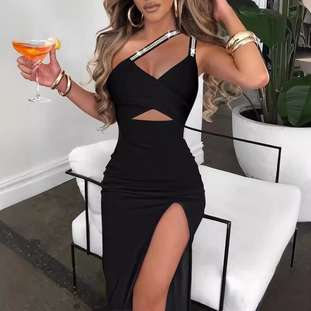 Women's Clothing Temperament casual irregular shoulder belt hot drill hollowed-out hip sleeveless tight dress