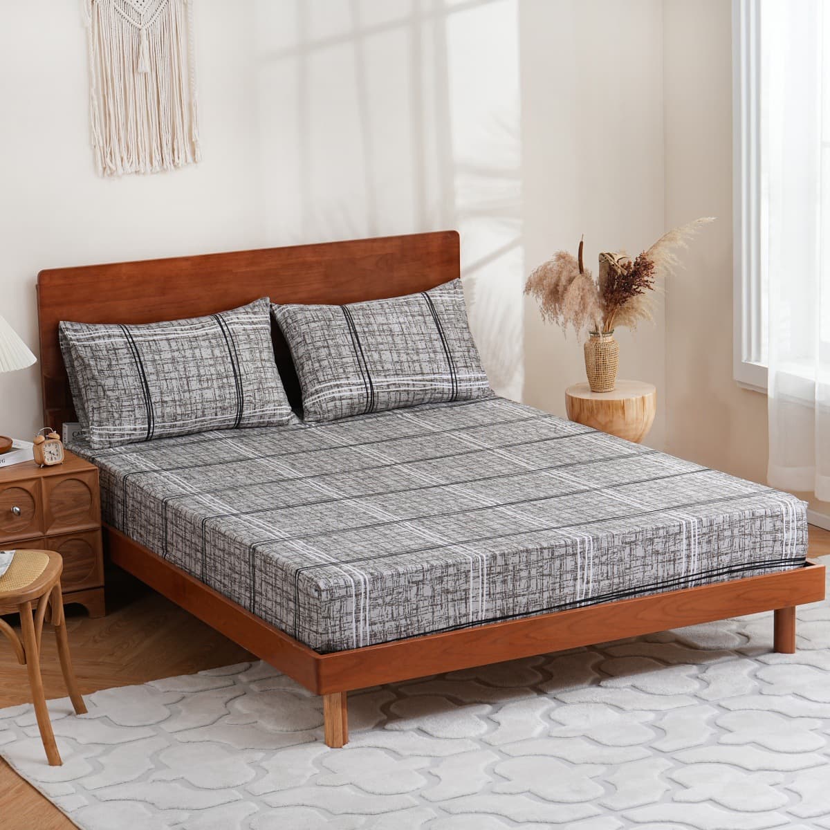 Gray Texture Geometric Mattress Cover Polyester Skin Friendly Bed Fitted Sheet Mattress Protector Fitted Sheet