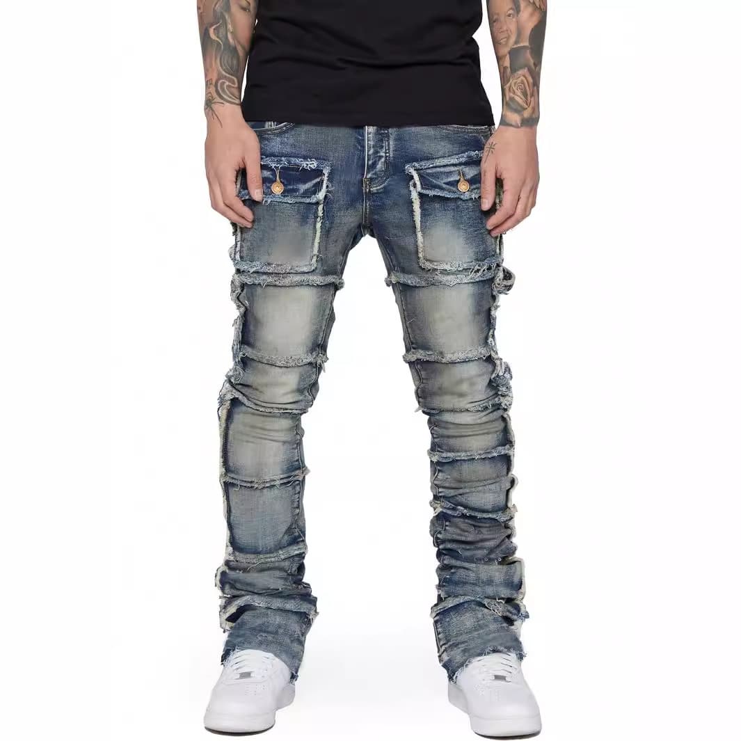 Men's Clothing Men's denim workwear straight pants fashion hot selling elastic patch denim layered flared men's pants