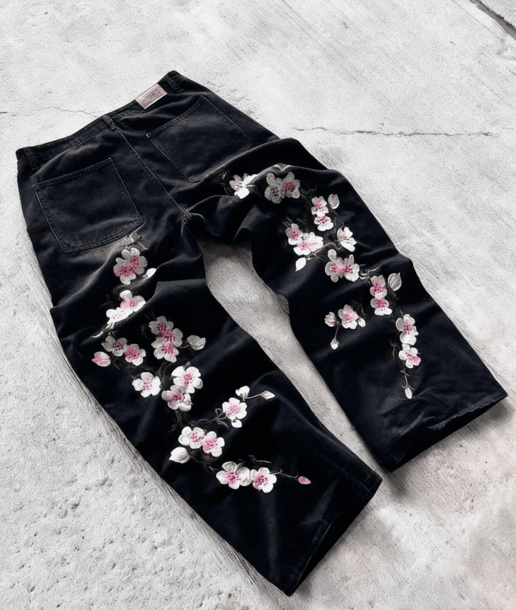 Y2K Baggy Jeans Harajuku Vintage Cherry Blossom Embroidery High Quality Jeans Streetwear Hip Hop Gothic Men Women Long Leg Jeans